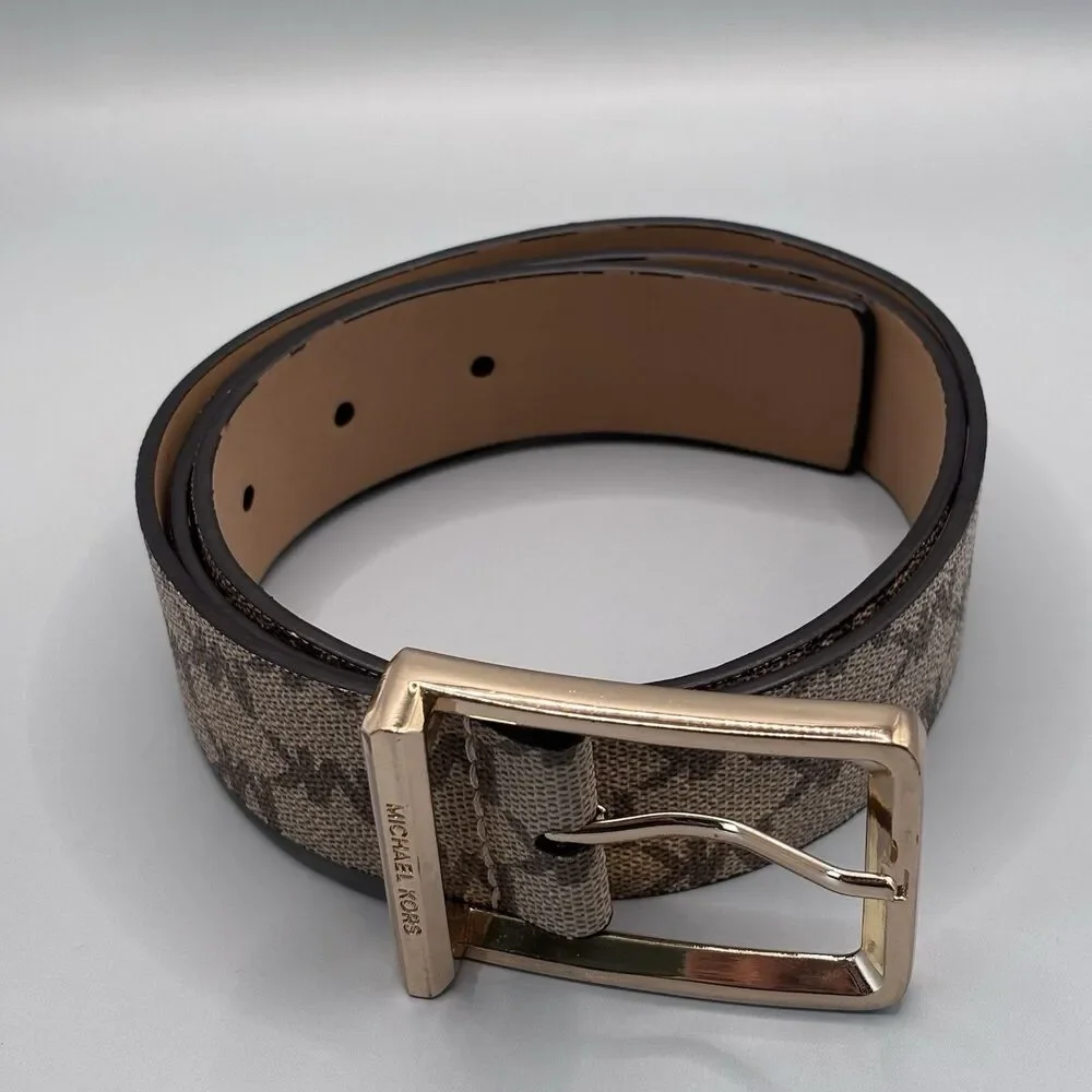 Michael Kors MK Signature Logo Belt Brown Vanilla Gold Buckle Women's Small